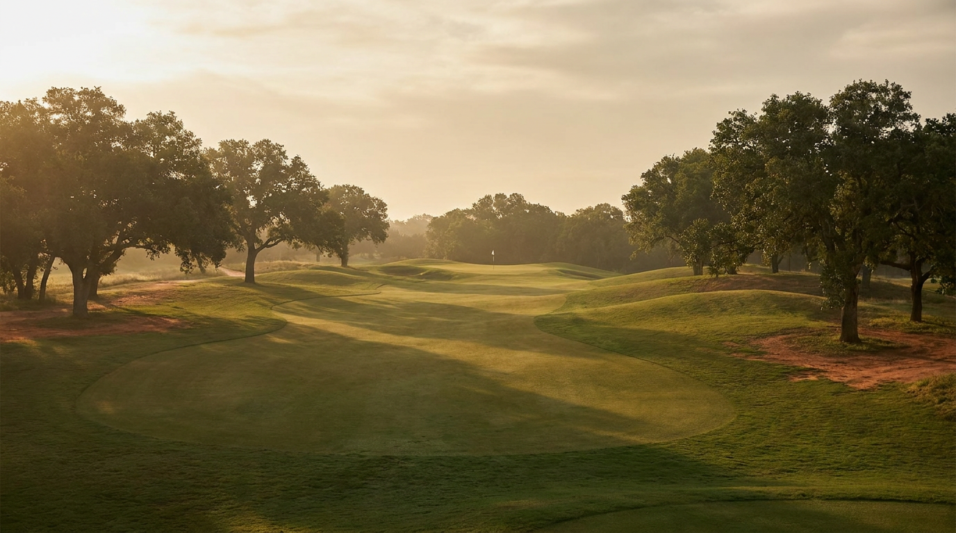 Brand imagery created for 248 Anthems: a parkland fairway curving through oak trees at golden hour. Illustrative of the parkland setting — not a photograph of Stevens Park.